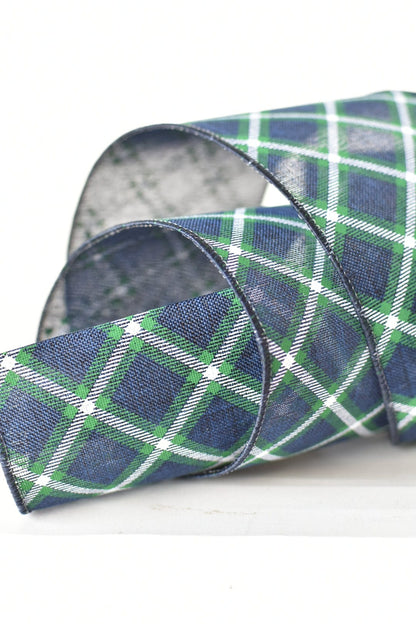 4" x 10yd Blue + Green Bias Plaid Wired Ribbon