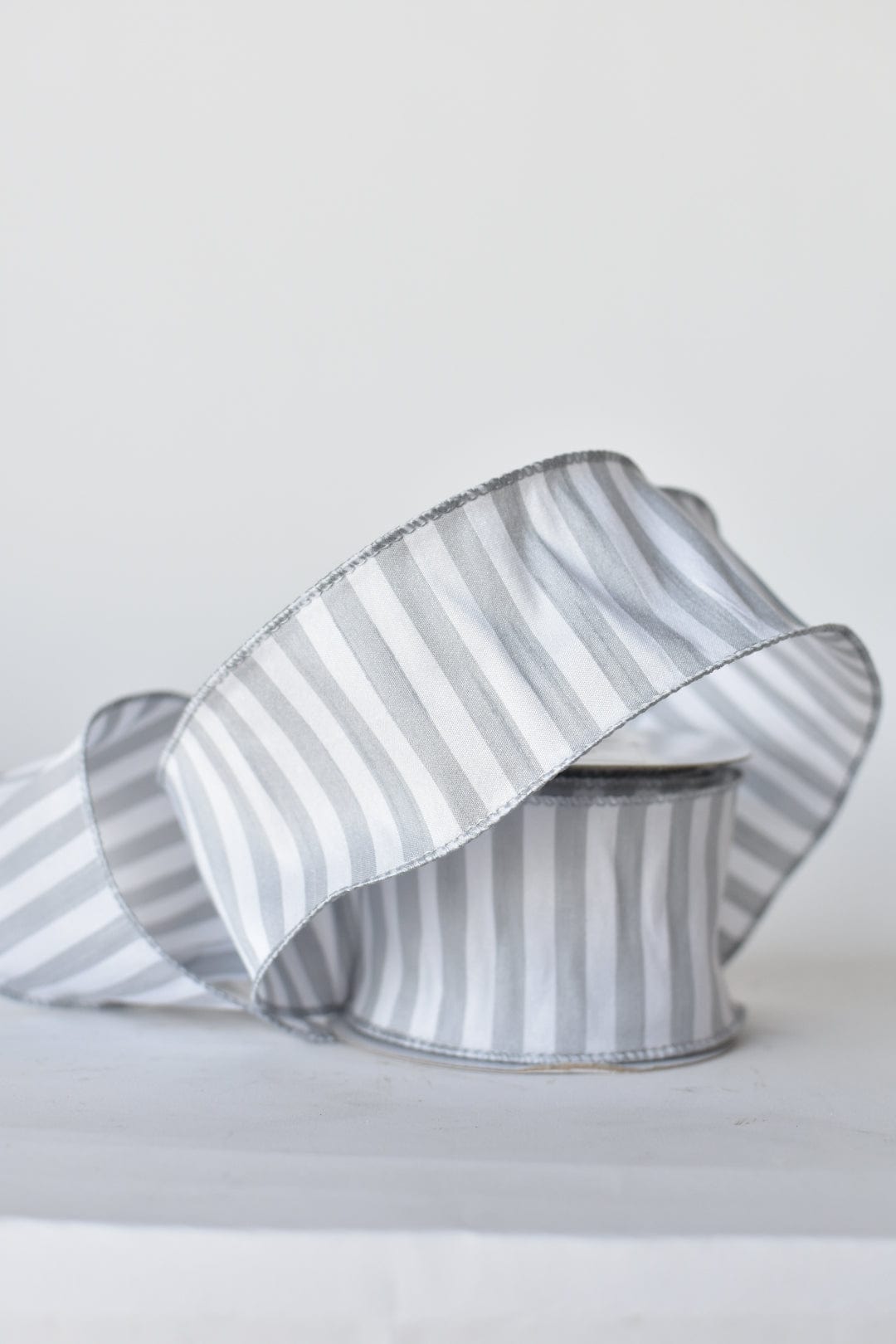 2.5" x 10yd White + Gray Striped Faux Dupioni Silk Ribbon