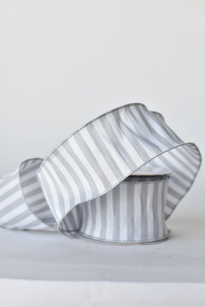 2.5" x 10yd White + Gray Striped Faux Dupioni Silk Ribbon