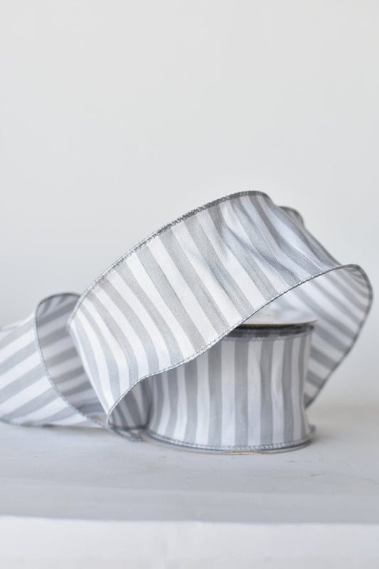 2.5" x 10yd White + Gray Striped Faux Dupioni Silk Ribbon