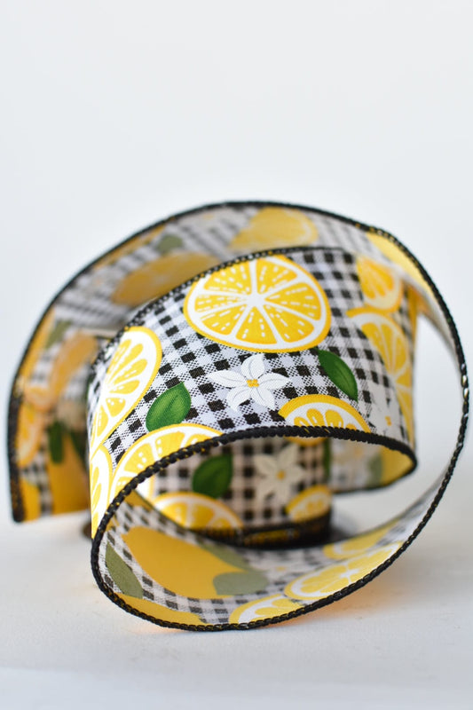 2.5" x 10yd Black and White Check with Lemons Wired Ribbon