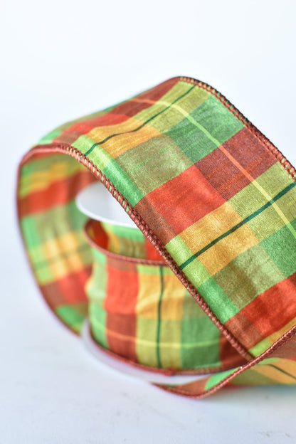 2.5" x 10yd Orange + Lime Plaid Faux Dupioni Silk Ribbon