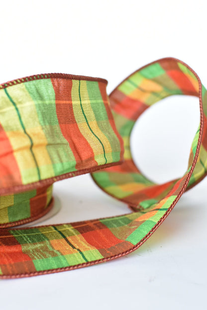 2.5" x 10yd Orange + Lime Plaid Faux Dupioni Silk Ribbon