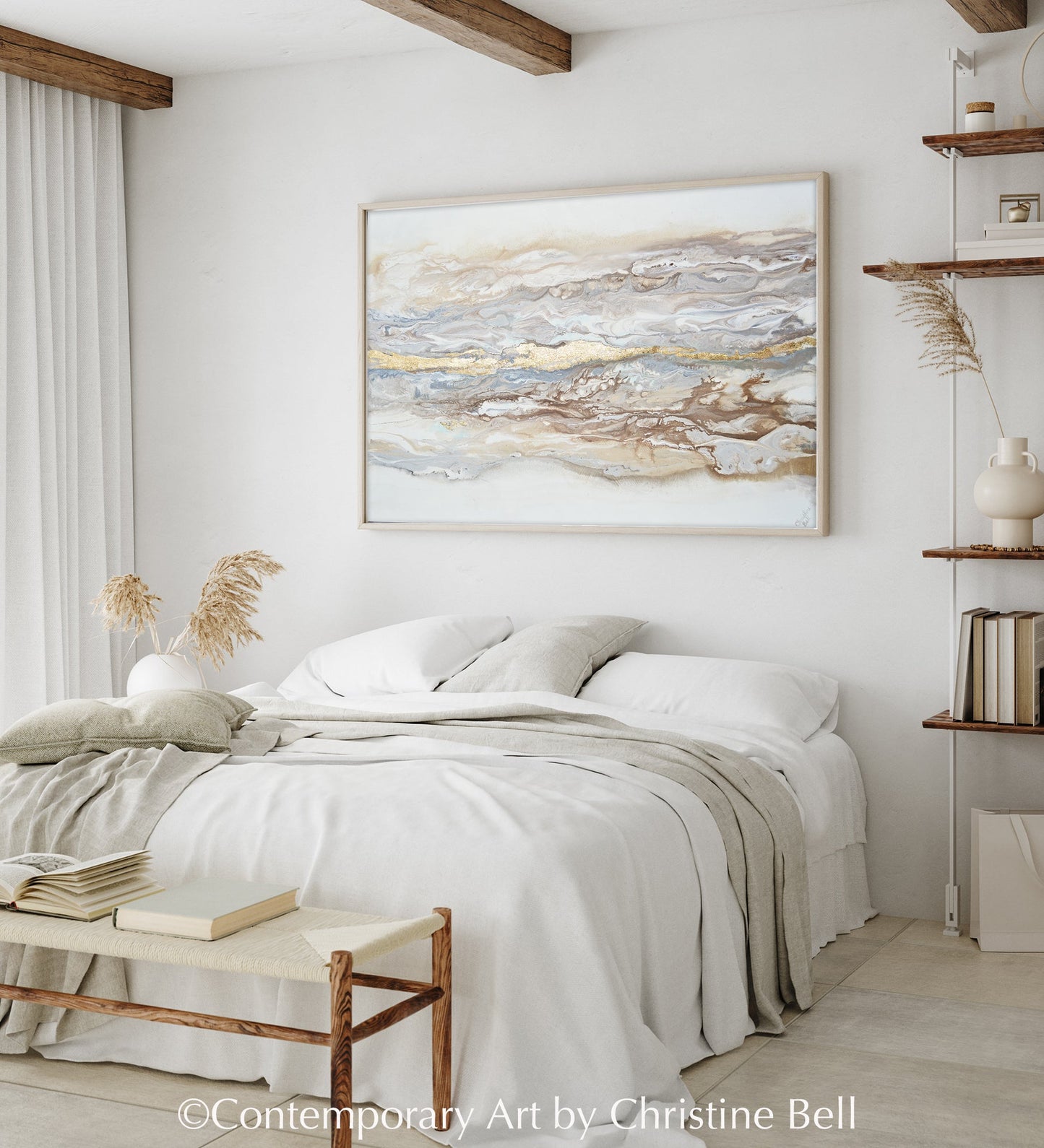 "Ingrained in My Soul" GICLÉE PRINT FRAMED CANVAS Art Abstract Painting Neutral White Beige Gold Leaf Marbled Coastal