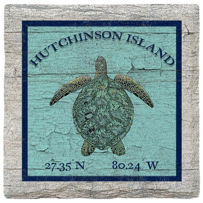 Hutchinson Island Sea Turtle Blue Latitude Longitude Coaster Set