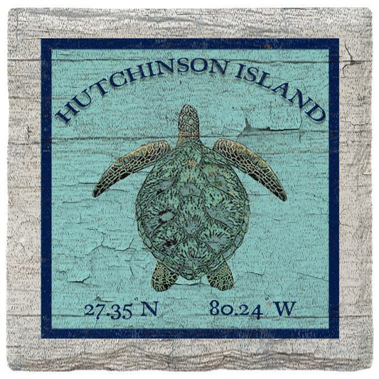 Hutchinson Island Sea Turtle Blue Latitude Longitude Coaster Set