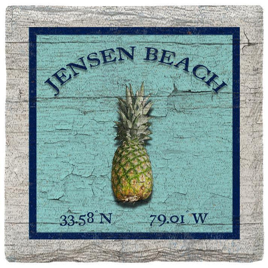 Jensen Beach Pineapple Blue Latitude Longitude Coaster Set