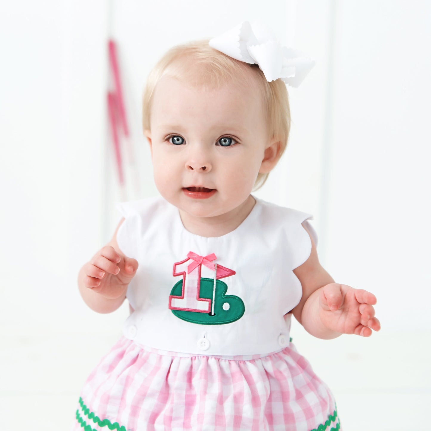 First Birthday Golf Bubble for Girls – Reversible Pink Gingham Skirted Bubble Outfit