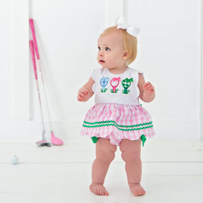 First Birthday Golf Bubble for Girls – Reversible Pink Gingham Skirted Bubble Outfit