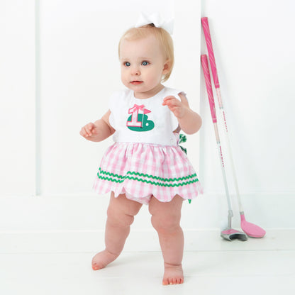 First Birthday Golf Bubble for Girls – Reversible Pink Gingham Skirted Bubble Outfit