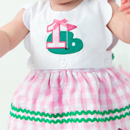 First Birthday Golf Bubble for Girls – Reversible Pink Gingham Skirted Bubble Outfit
