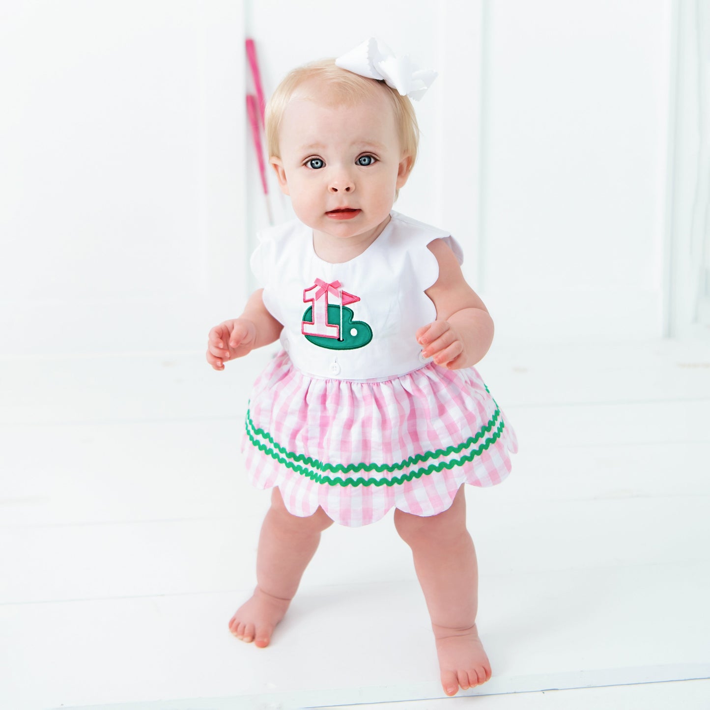 First Birthday Golf Bubble for Girls – Reversible Pink Gingham Skirted Bubble Outfit