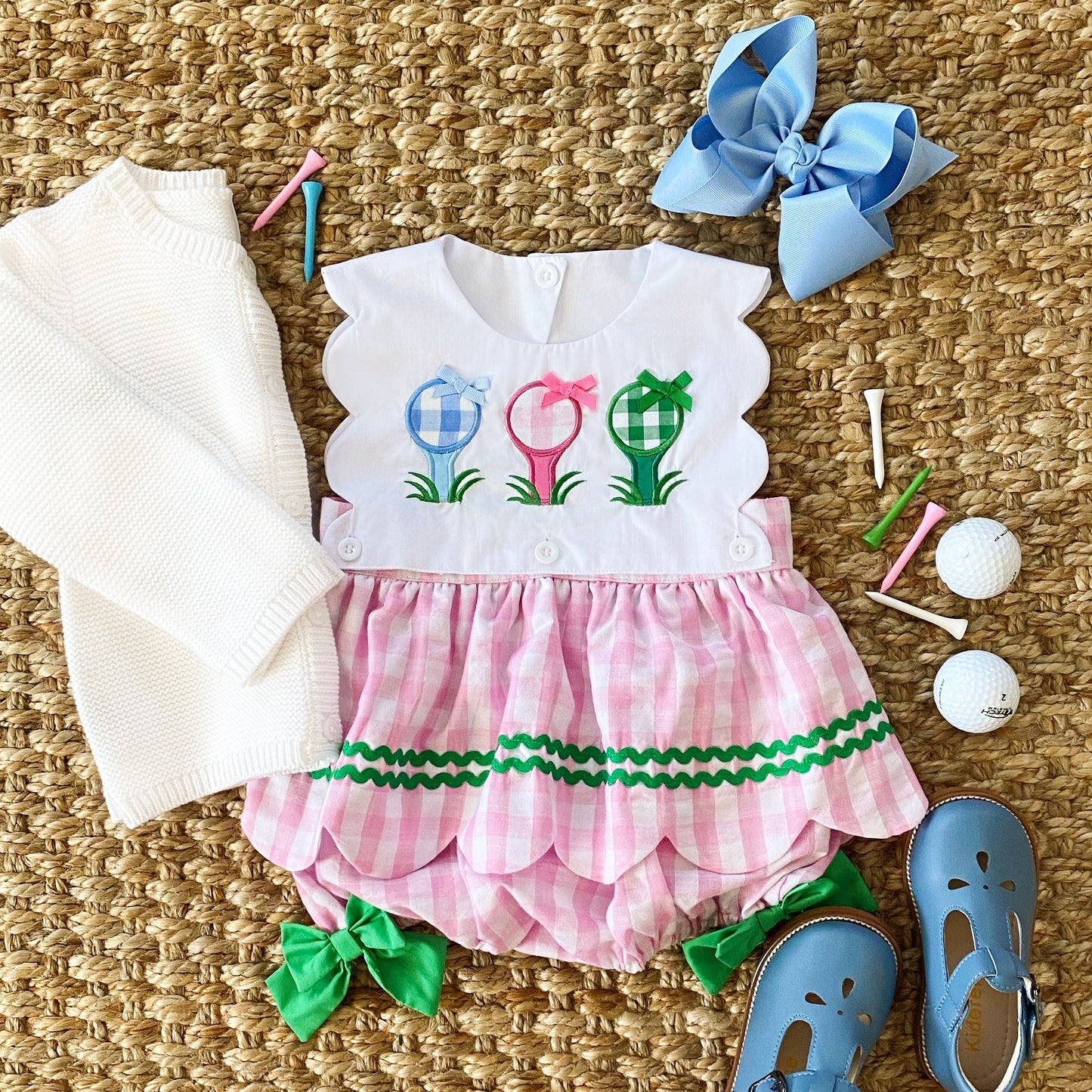 First Birthday Golf Bubble for Girls – Reversible Pink Gingham Skirted Bubble Outfit