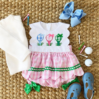 First Birthday Golf Bubble for Girls – Reversible Pink Gingham Skirted Bubble Outfit