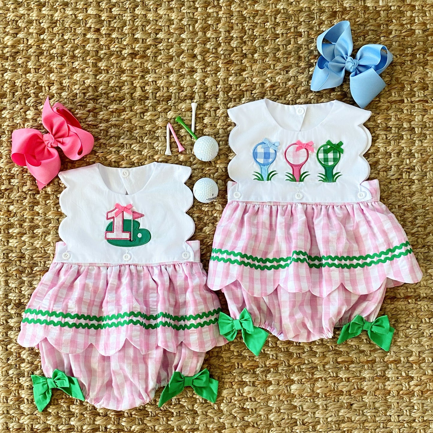 First Birthday Golf Bubble for Girls – Reversible Pink Gingham Skirted Bubble Outfit