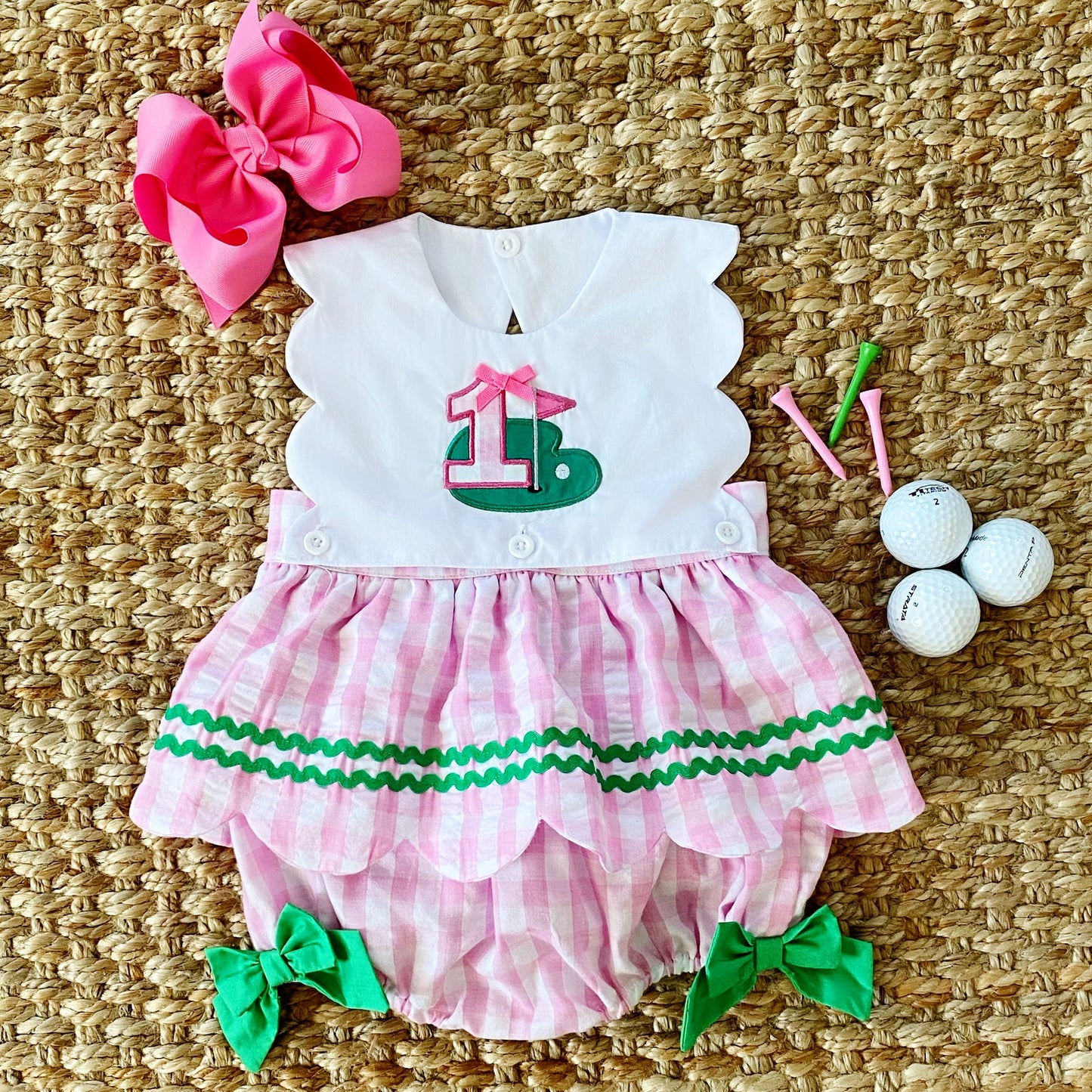 First Birthday Golf Bubble for Girls – Reversible Pink Gingham Skirted Bubble Outfit