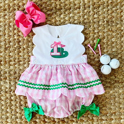 First Birthday Golf Bubble for Girls – Reversible Pink Gingham Skirted Bubble Outfit