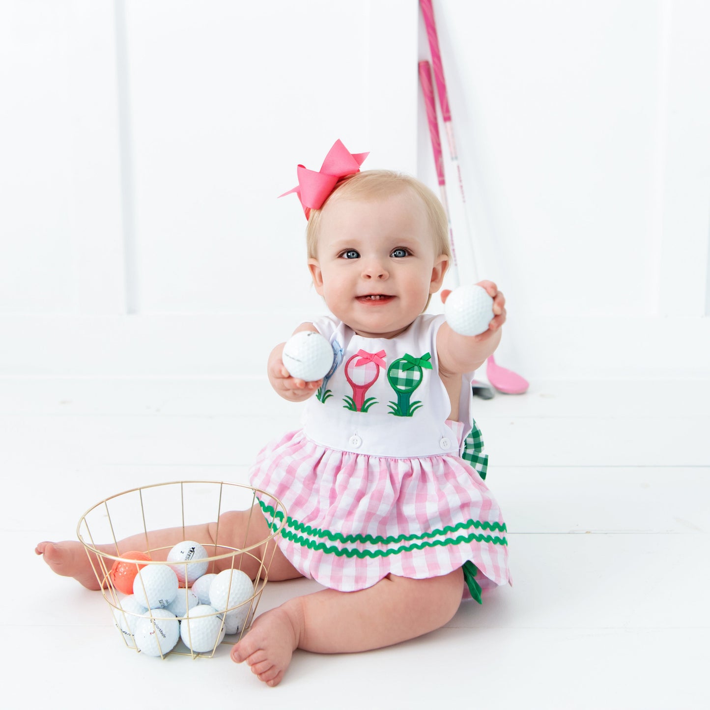 First Birthday Golf Bubble for Girls – Reversible Pink Gingham Skirted Bubble Outfit