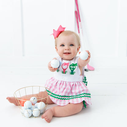 First Birthday Golf Bubble for Girls – Reversible Pink Gingham Skirted Bubble Outfit