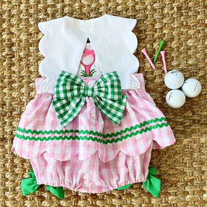 First Birthday Golf Bubble for Girls – Reversible Pink Gingham Skirted Bubble Outfit