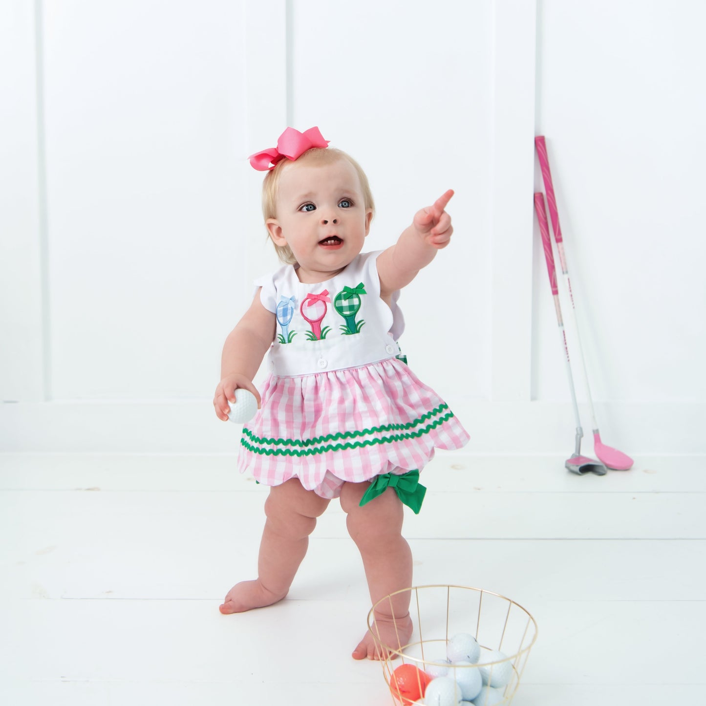 First Birthday Golf Bubble for Girls – Reversible Pink Gingham Skirted Bubble Outfit