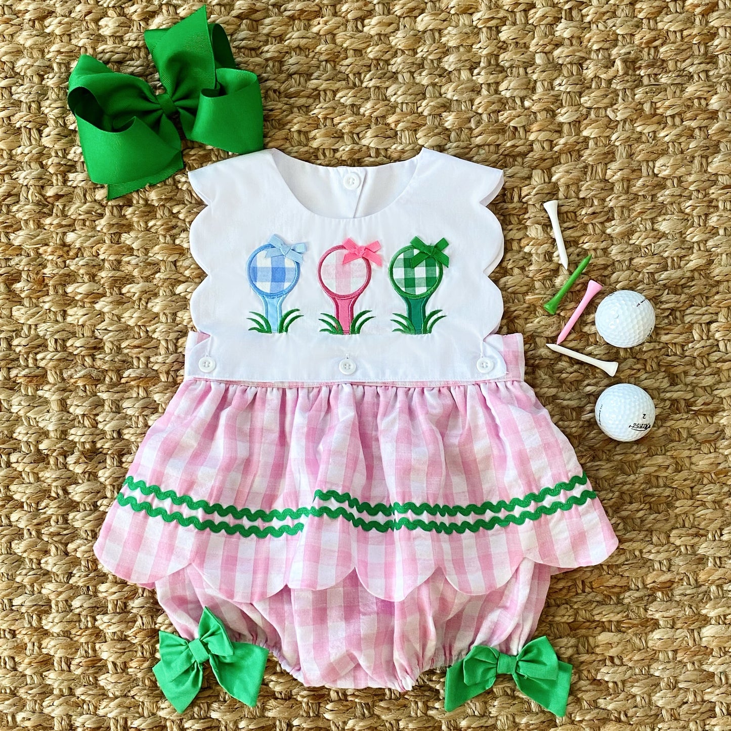 First Birthday Golf Bubble for Girls – Reversible Pink Gingham Skirted Bubble Outfit