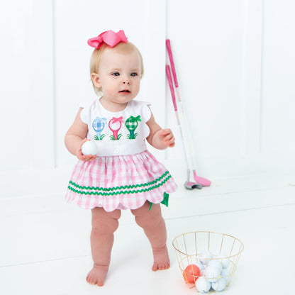 First Birthday Golf Bubble for Girls – Reversible Pink Gingham Skirted Bubble Outfit