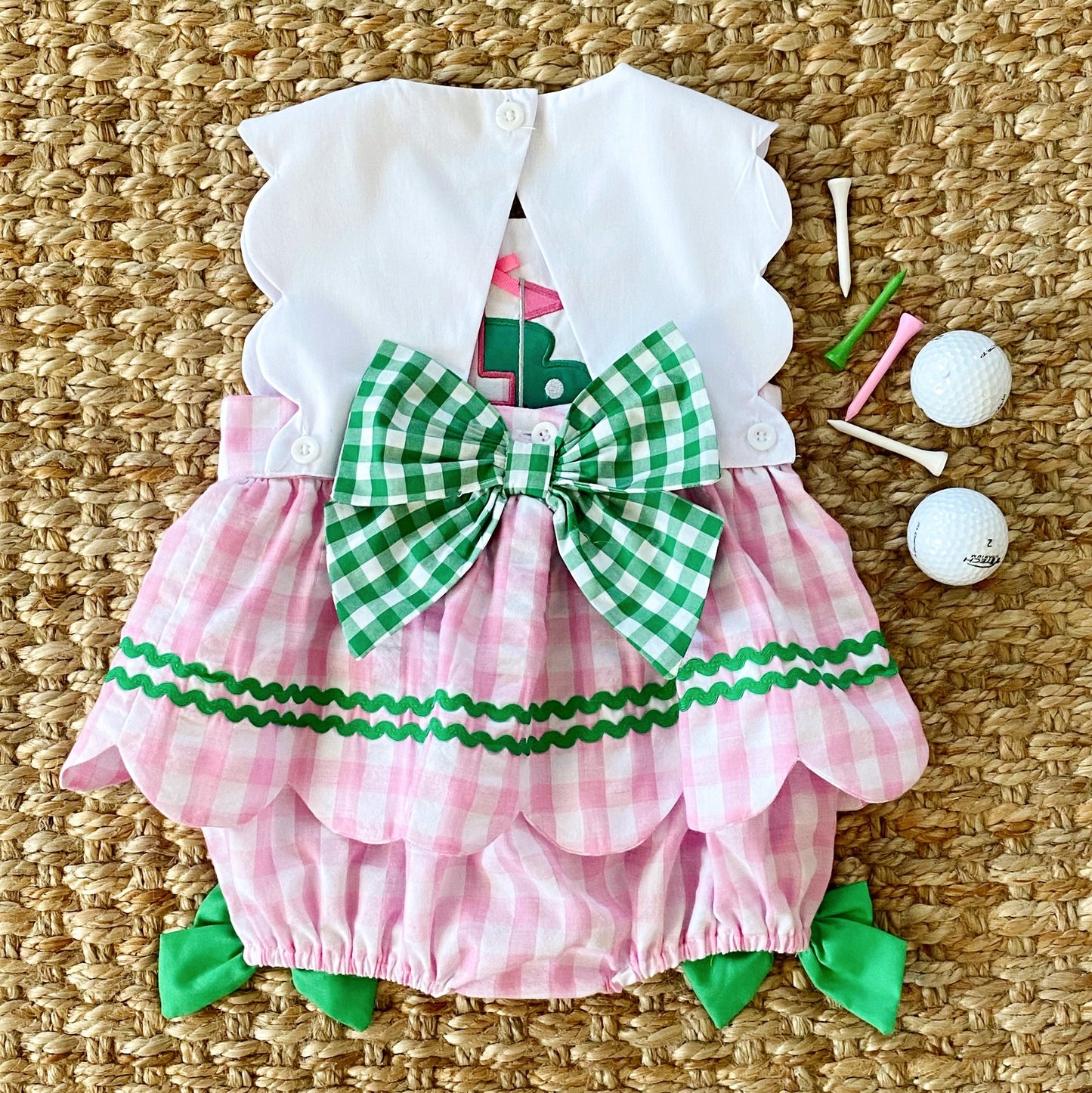 First Birthday Golf Bubble for Girls – Reversible Pink Gingham Skirted Bubble Outfit