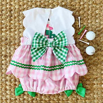 First Birthday Golf Bubble for Girls – Reversible Pink Gingham Skirted Bubble Outfit