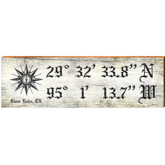 Clear Lake, TX Compass White Latitude Longitude | Wall Art Print on Real Wood