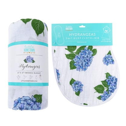 Gift Set: Hydrangeas Baby Muslin Swaddle Blanket and Burp Cloth/Bib Combo Newborn Essentials for Feeding and Comfort