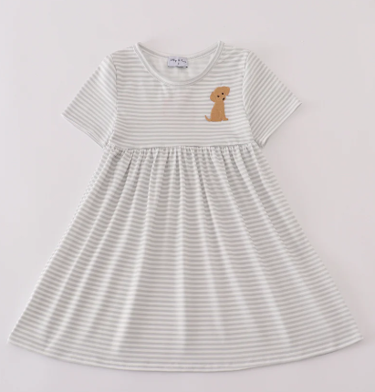 Girl's Grey Puppy Embroidery Stripe Dress