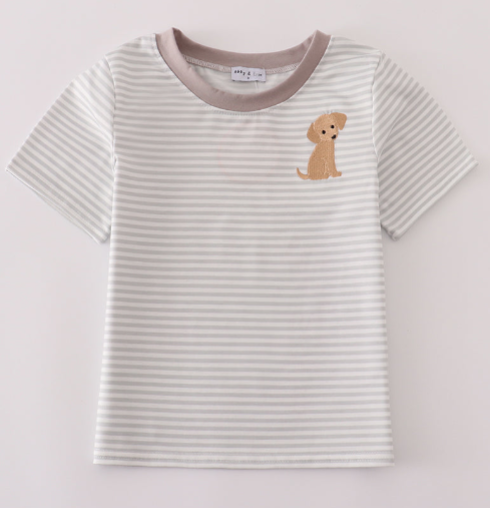 Boy's Embroidered Puppy grey stripe tee