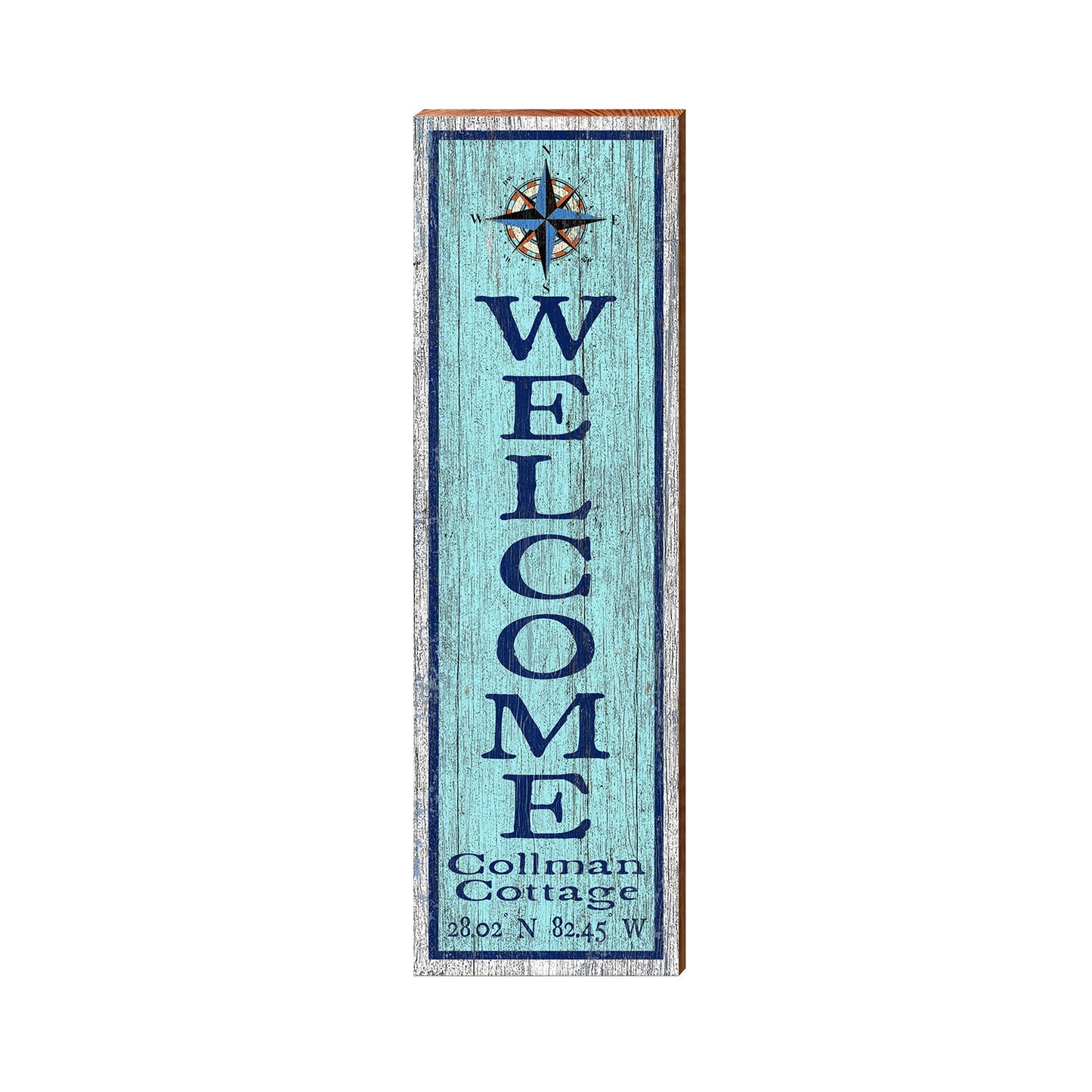 Welcome Collman Cottage Compass Blue Latitude Longitude Vertical | Real Wood Art Print
