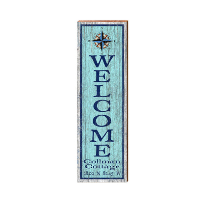 Welcome Collman Cottage Compass Blue Latitude Longitude Vertical | Real Wood Art Print