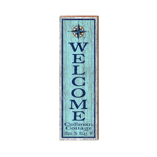 Welcome Collman Cottage Compass Blue Latitude Longitude Vertical | Real Wood Art Print