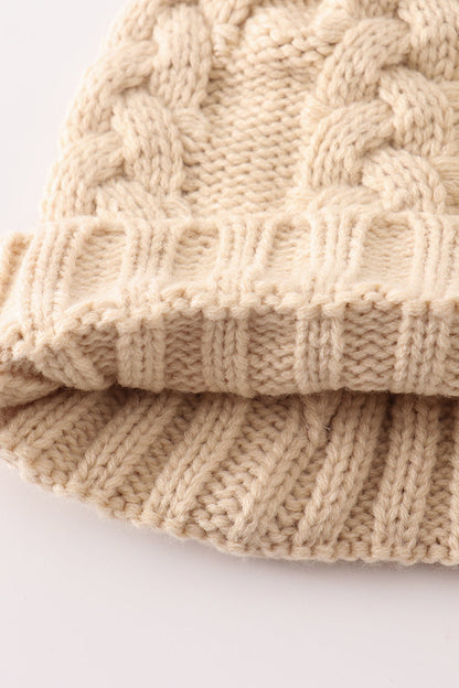 Beige pompom  cable beanie