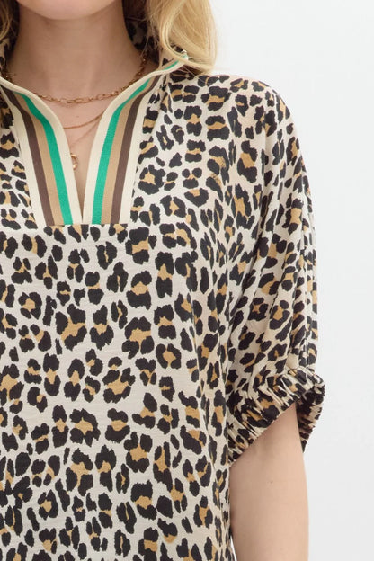 Leopard Print Notched Blouse with Striped Trim