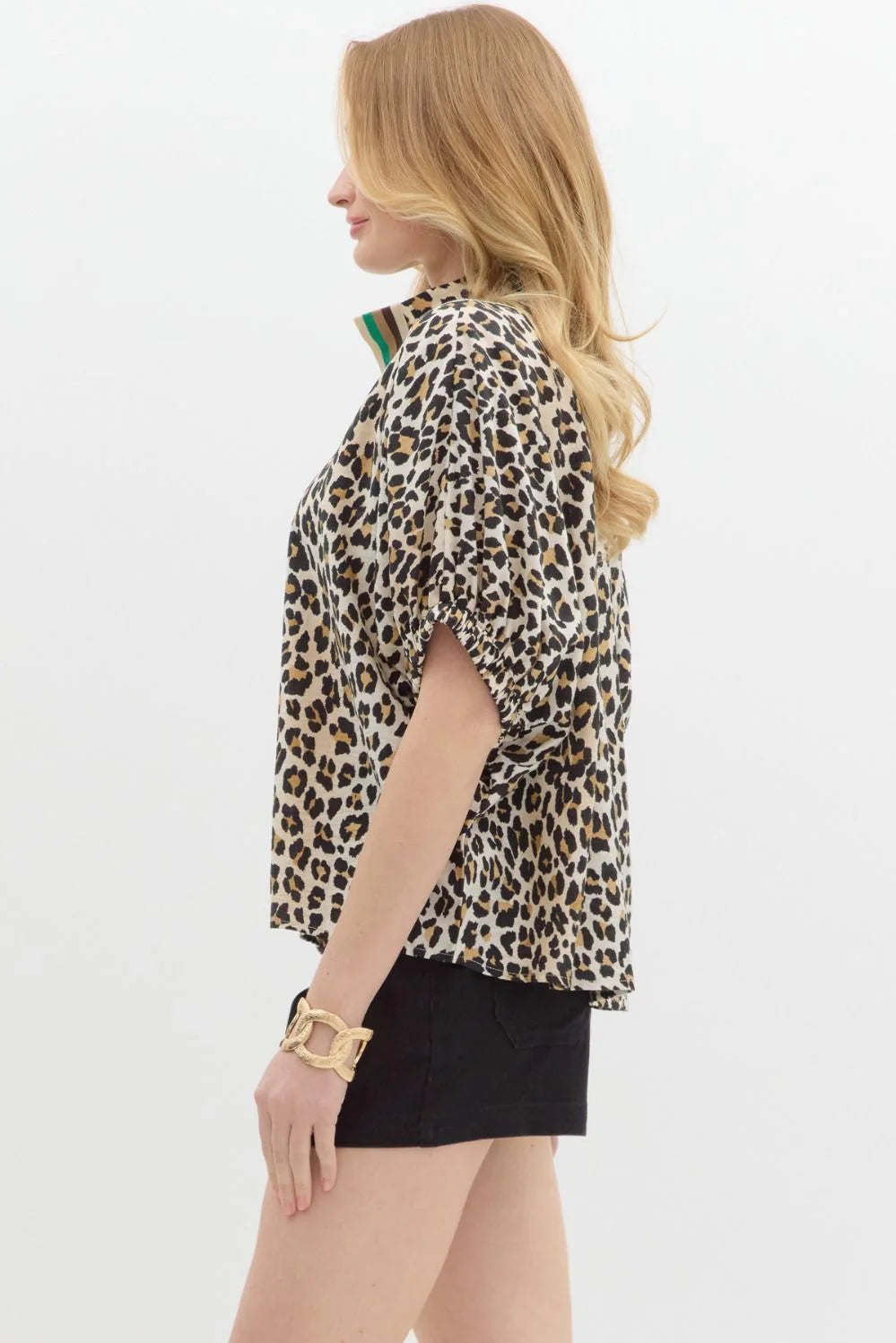 Leopard Print Notched Blouse with Striped Trim