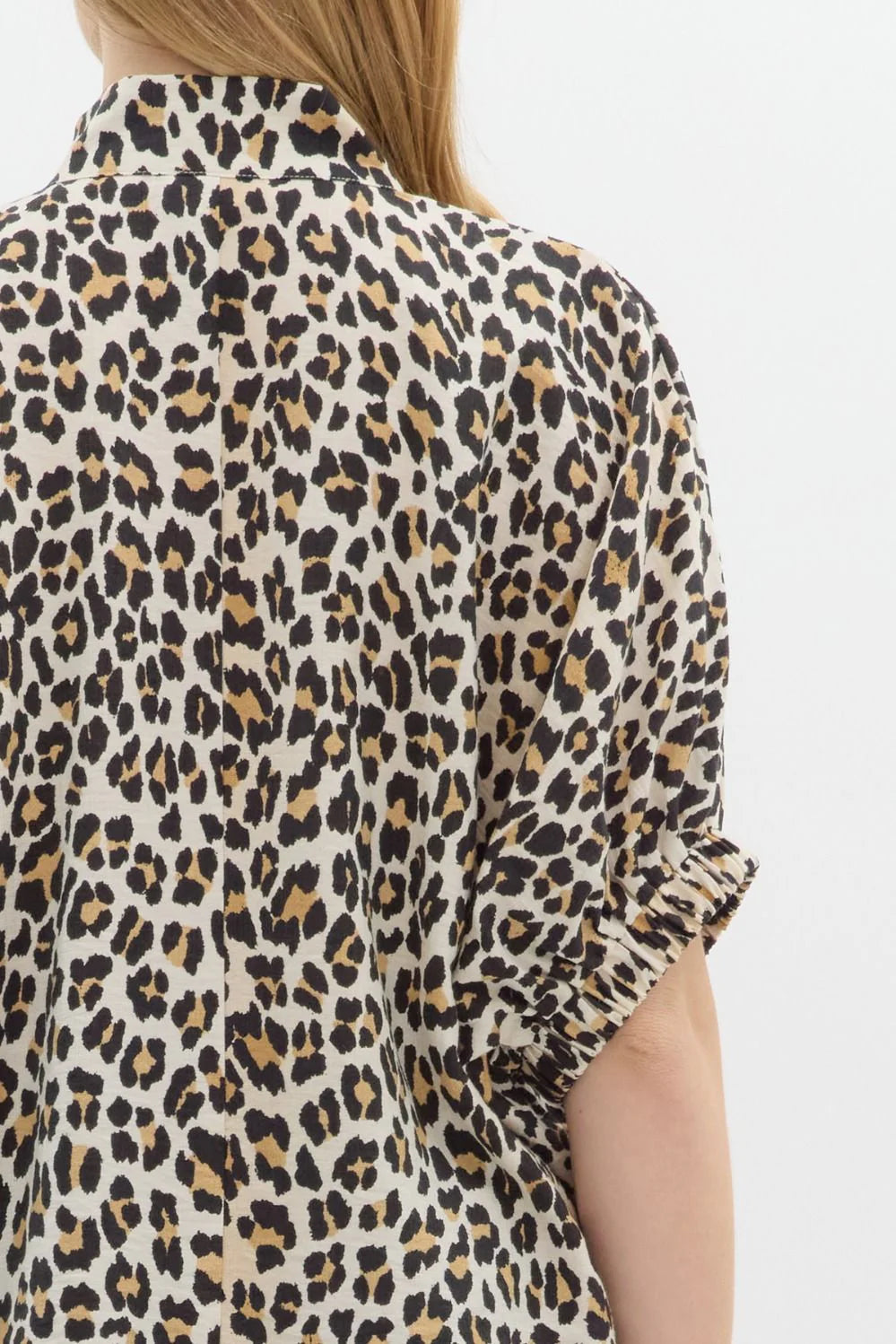 Leopard Print Notched Blouse with Striped Trim