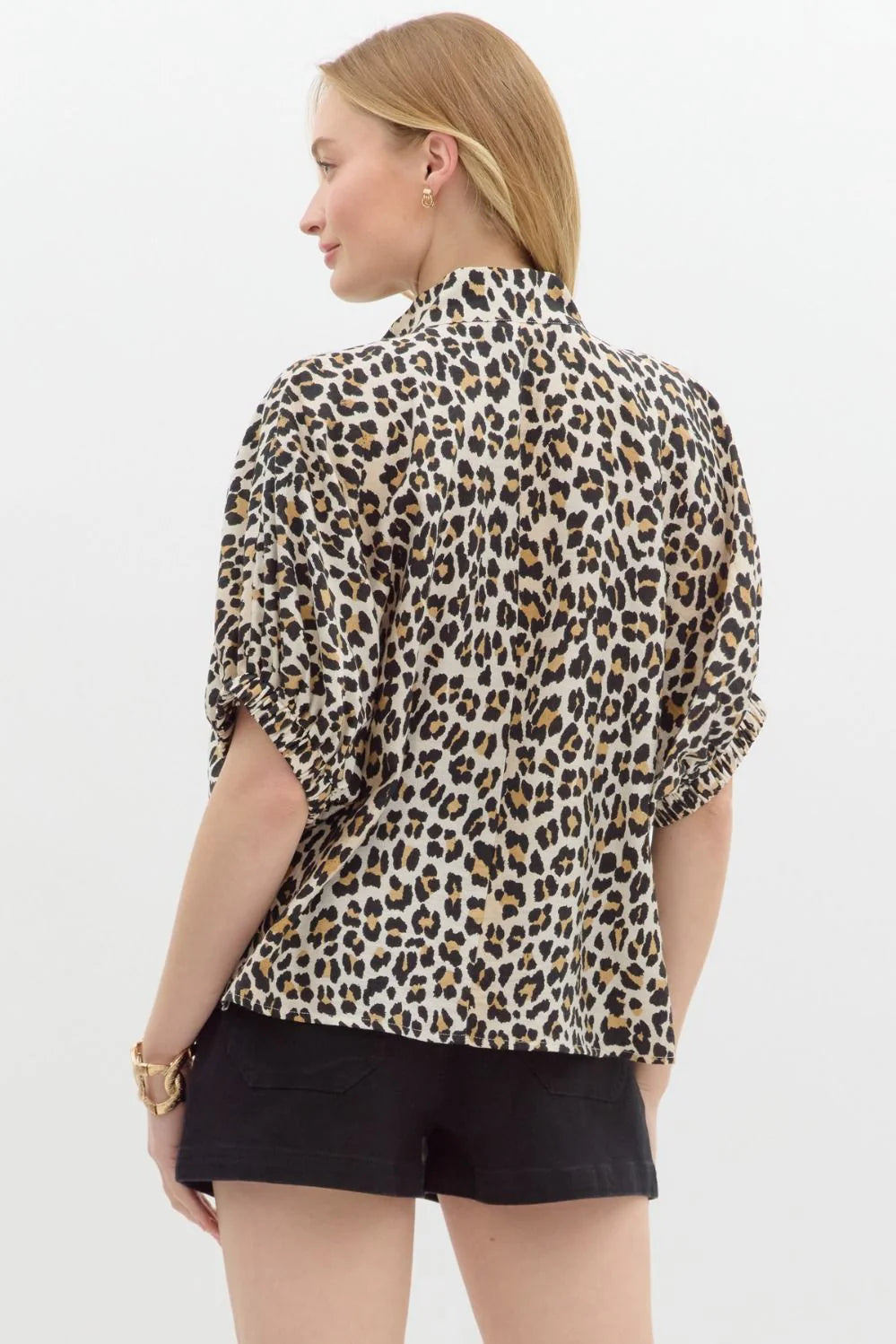 Leopard Print Notched Blouse with Striped Trim