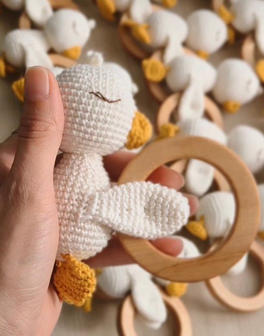 Goose Crochet Baby Rattle with Wooden Teether
