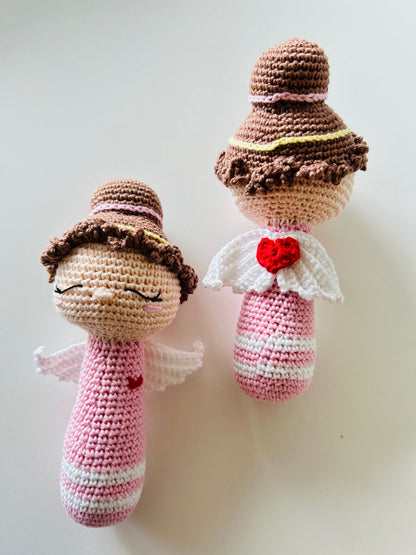 Handmade Crochet Angel Rattle – Organic Cotton Soft Baby Toy