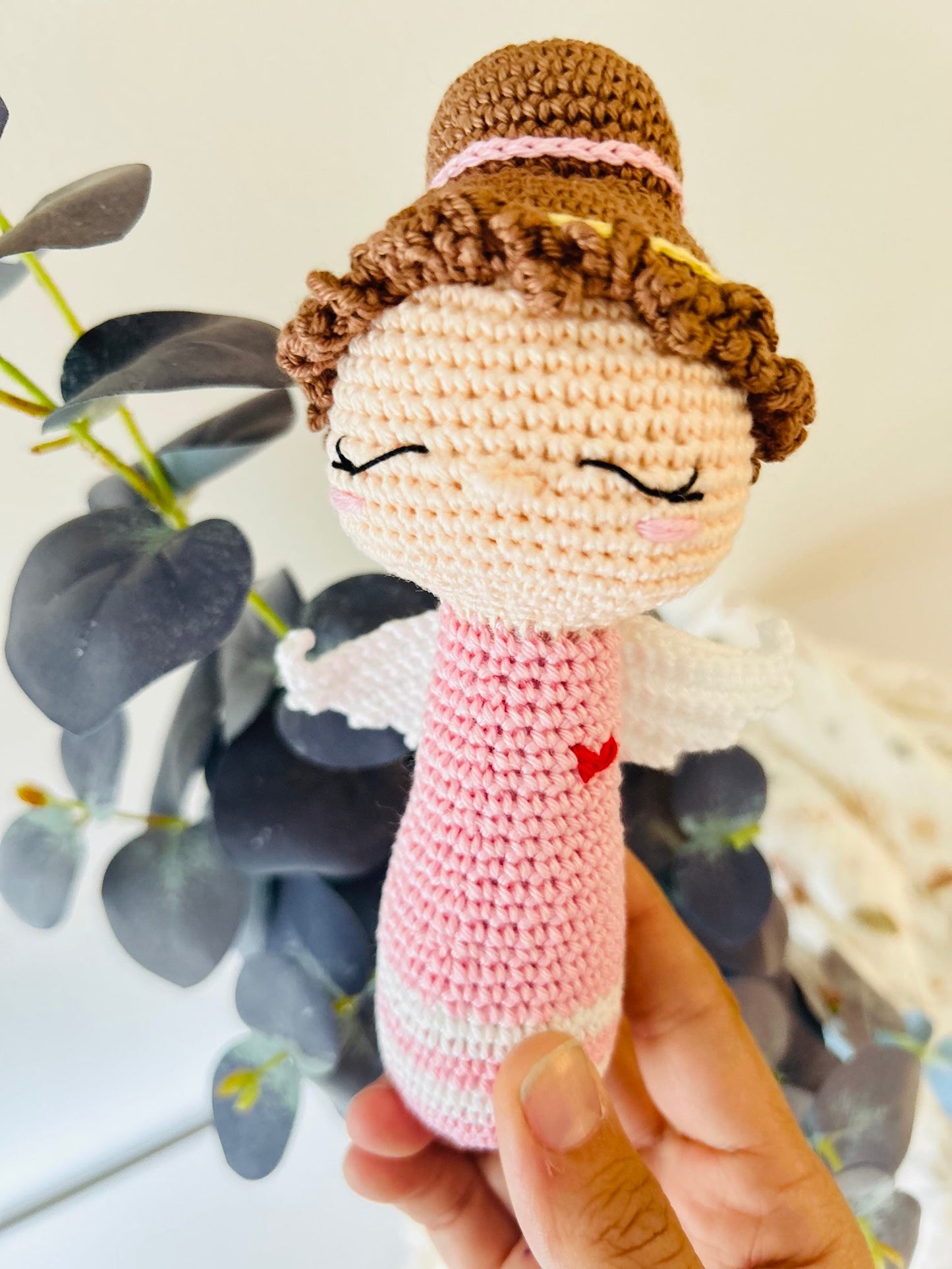 Handmade Crochet Angel Rattle – Organic Cotton Soft Baby Toy