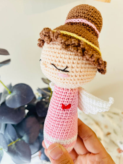 Handmade Crochet Angel Rattle – Organic Cotton Soft Baby Toy