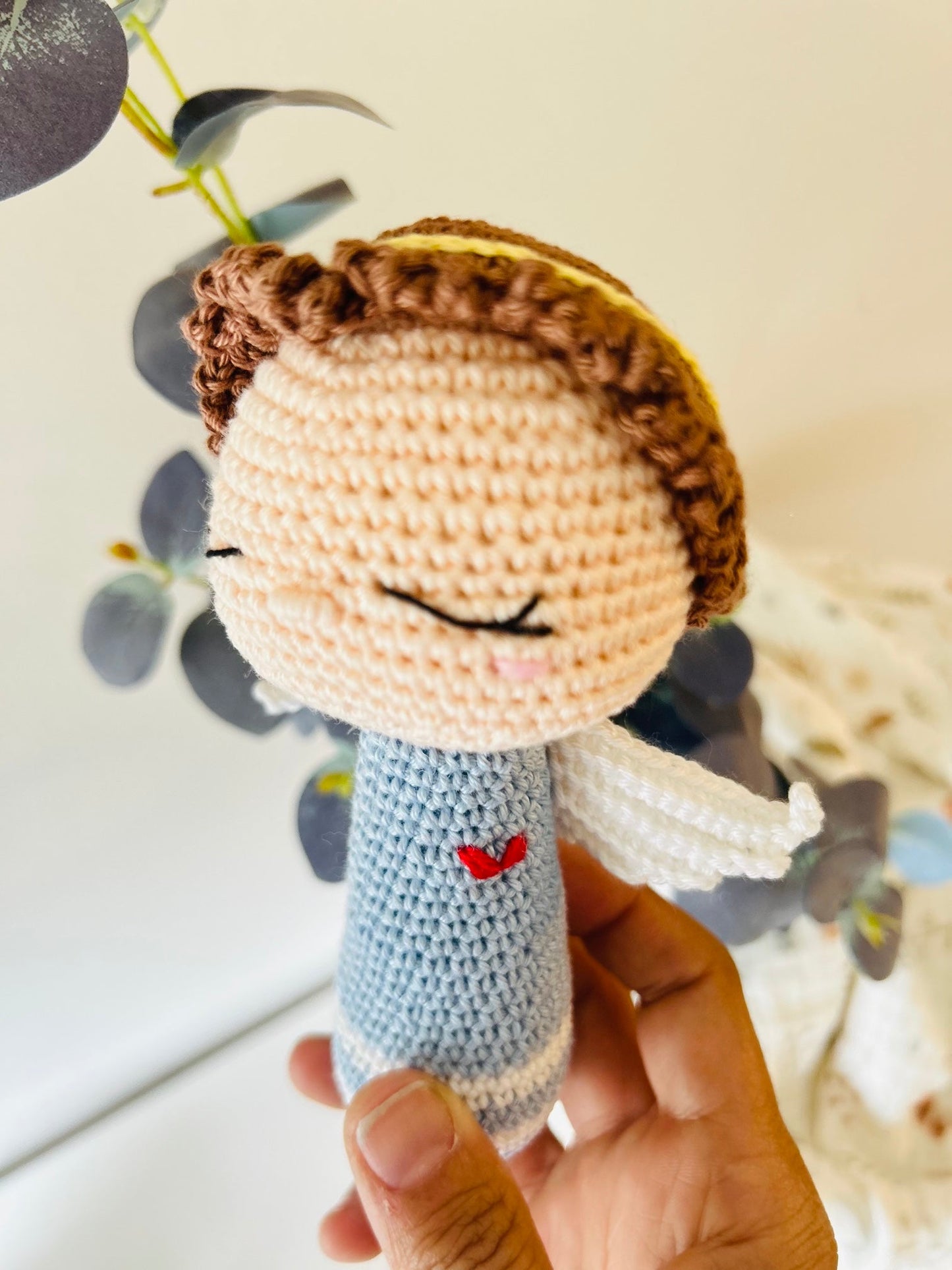 Handmade Crochet Angel Rattle – Organic Cotton Soft Baby Toy