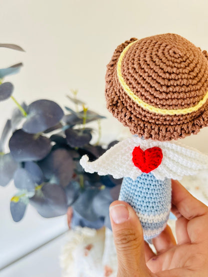 Handmade Crochet Angel Rattle – Organic Cotton Soft Baby Toy