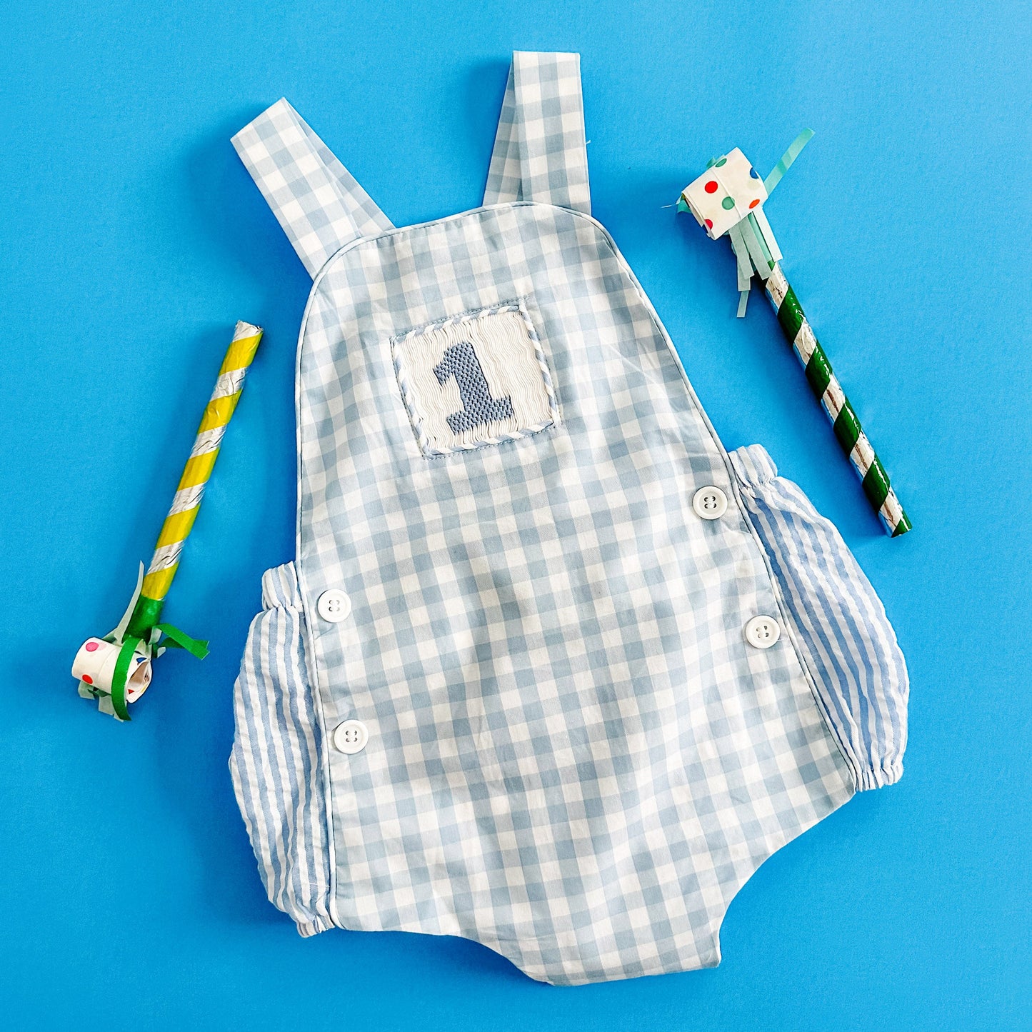 Baby Boy First Birthday Outfit – Smocked Blue Birthday Bubble