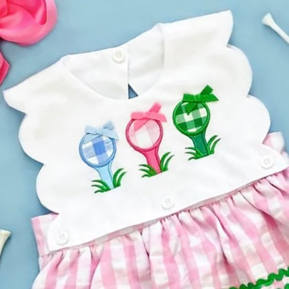 First Birthday Golf Bubble for Girls – Reversible Pink Gingham Skirted Bubble Outfit