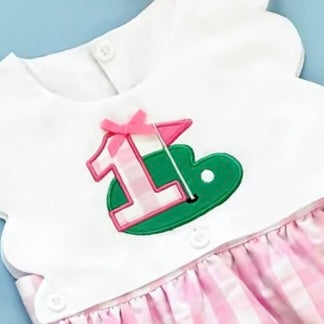 First Birthday Golf Bubble for Girls – Reversible Pink Gingham Skirted Bubble Outfit